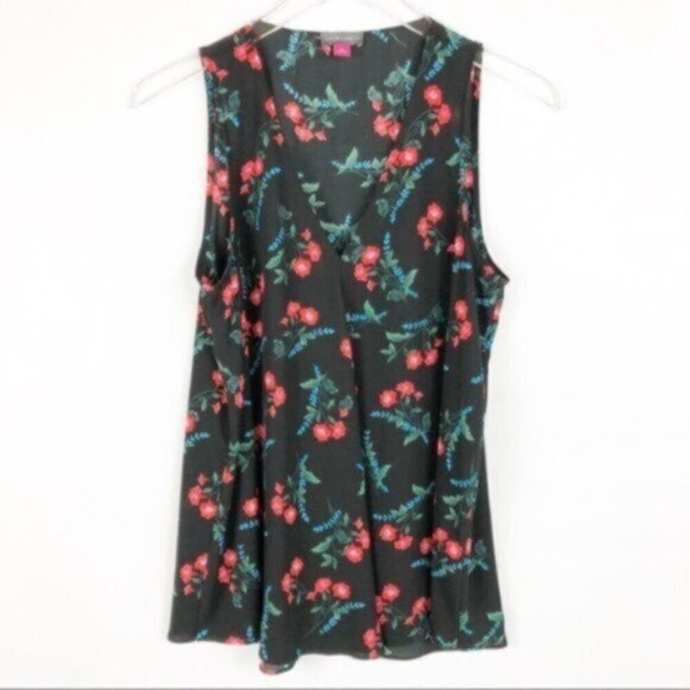 Vince Camuto | Women's Black Floral Print & V-Neckline Tank Blouse Size Small